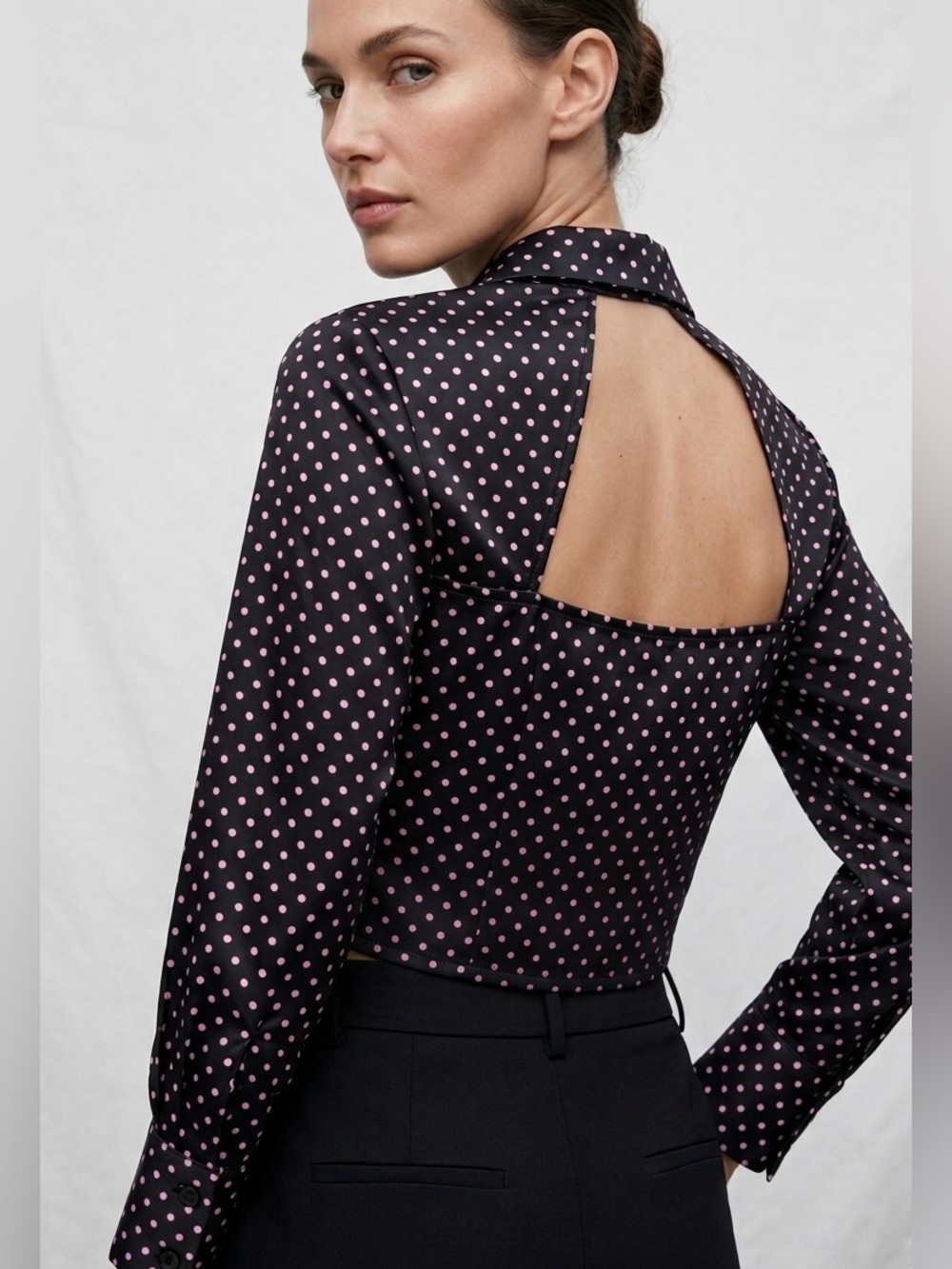 Zara Black Button-Up Top with Pink Polka Dots and Open Back